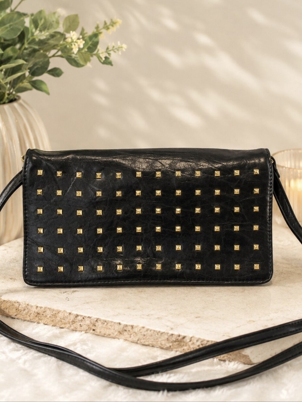 Tignanello Black Leather Shoulder Bag Crossbody Gold Studded Convertible